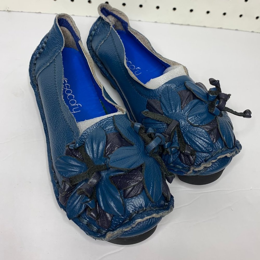 Socofy Blue Leather Comfort Slip On Shoes